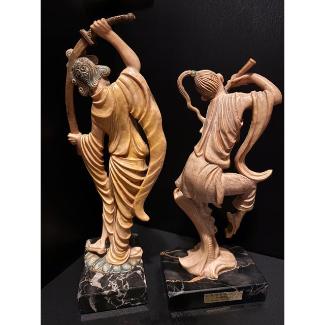 Vintage Italian Fontanini- Asian Warrior and Musician Figurine Set Mid-Century Hand-Painted Sculptures on Marble Bases For Sale In Los Angeles - Image 6 of 12