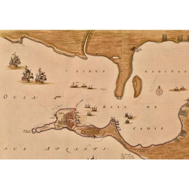 Cadiz Island: A Framed 17th Century Hand-Colored Map From Blaeu's Atlas Major, 1662 For Sale - Image 4 of 9