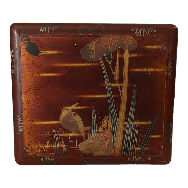 1950s Old Japanese Hand Painted Bird on Pond W Plants Lacquer on Wood Box For Sale