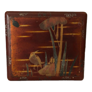 1950s Old Japanese Hand Painted Bird on Pond W Plants Lacquer on Wood Box