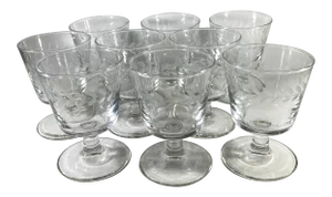 Vintage Glass Etched Laurel Leaf Vine Pedestal Berry Ice Cream Bowls- Set of 9