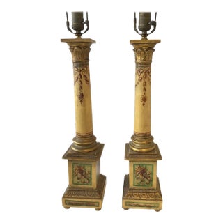 1950s Italian Hand Painted Column Lamps - A Pair For Sale