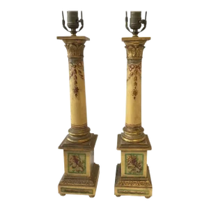 1950s Italian Hand Painted Column Lamps - A Pair