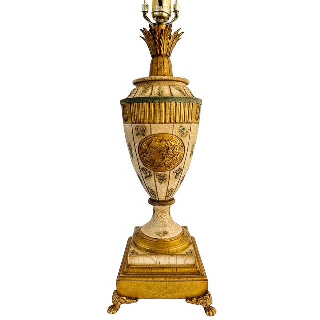 1980s Vintage Neoclassical Crackle Glazed Urn Table Lamps With Medallions - A Pair For Sale - Image 5 of 16