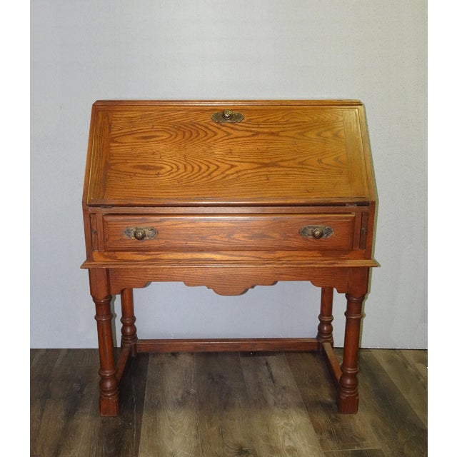 French Country Lh25 Vintage French Country Drop Leaf Secretary Desk Solid Oak For Sale - Image 3 of 12