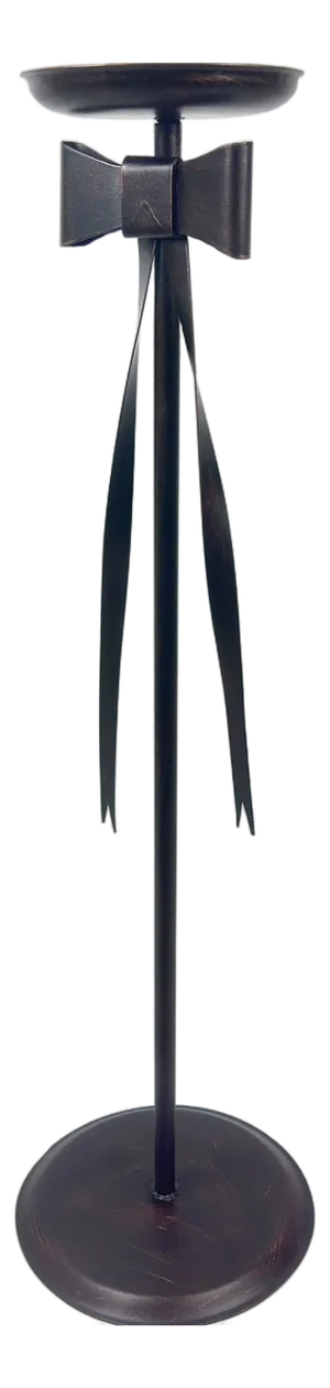 Hand Forged Iron Floor Pedestal 44.5″ (113cm) Artisanal Bronze Finish Bow Tie Ribbon Design Welcome Stand