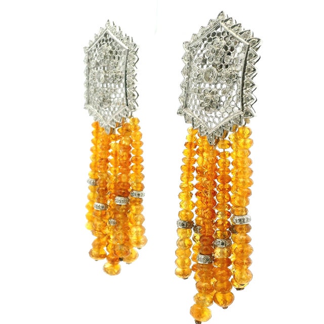 Italian 18k White Gold Yellow Sapphire & Diamond Tassel Earrings, 1980s For Sale In Miami - Image 6 of 9
