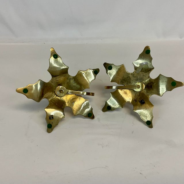 1970s Vintage Traditional Americana Brass Poinsettia Candle Holders - A Pair. For Sale - Image 10 of 12