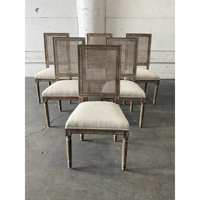 Design Plus Gallery presents a Set of Six Vintage French Square Cane Back Dining Side Chairs from Restoration Hardware....