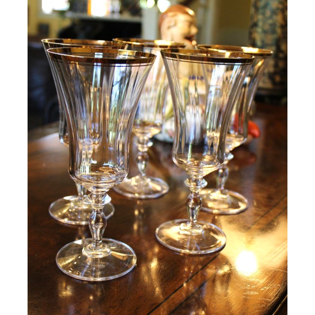 Set of 5 Mikasa JAMESTOWN Gold Trim Crystal Iced Tea Glasses Goblets Excellent condition. 8” tall.