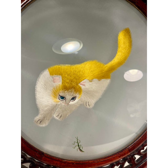 Vintage Chinese Oriental Silk Embroidery Cat and Mantis Double-Sided Wood Framed Aprox. dimensions: 22"H x 16"W x 6"D Good...