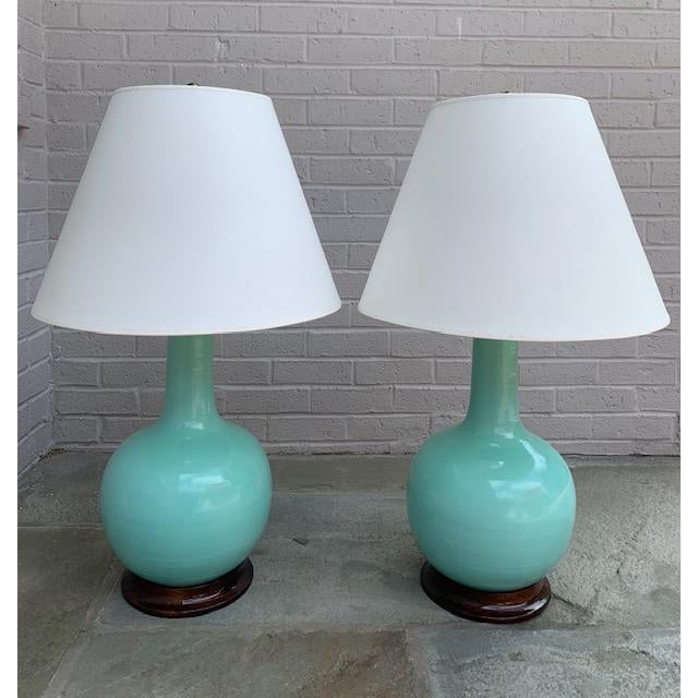 Pair of Christopher Spitzmiller single gourd table lamps in turquoise glaze with mahogany bases. Lamps measure 10-12"...