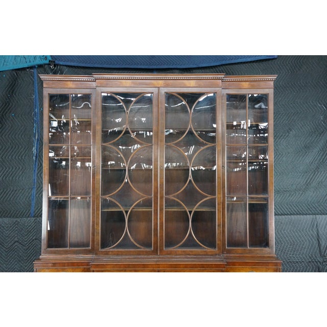 Mid Century Baker Georgian Mahogany Breakfront Bookcase Cabinet Bubble Glass, Attributed For Sale - Image 18 of 18