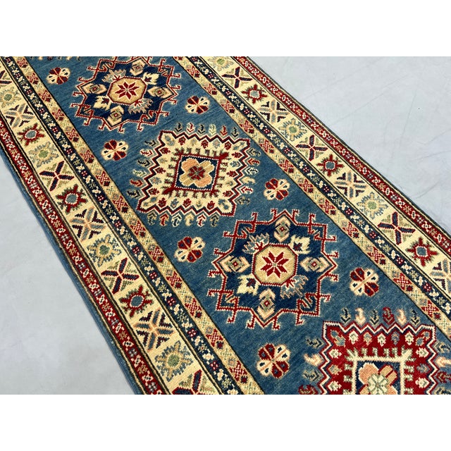 Blue and Cream Kazak-Style Wool Runner Rug With Tribal Medallions, 2'8 ...