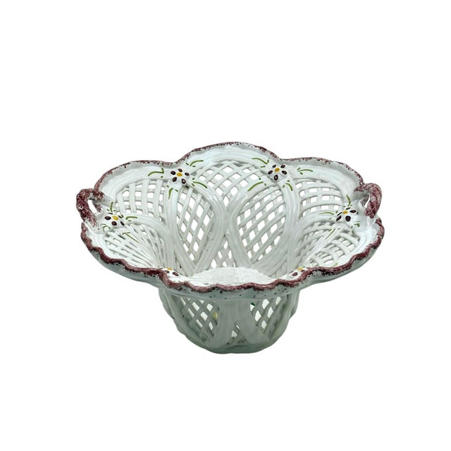 Hand Made White and Pink Reticulated Ceramic Basket Made in Portugal For Sale In New York - Image 6 of 9