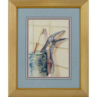 1960s Realist Toothbrush and Tool Still Life Watercolor Painting by Claude Buck, Framed For Sale