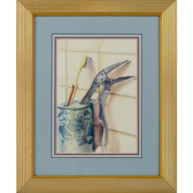 1960s Realist Toothbrush and Tool Still Life Watercolor Painting by Claude Buck, Framed For Sale