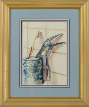1960s Realist Toothbrush and Tool Still Life Watercolor Painting by Claude Buck, Framed