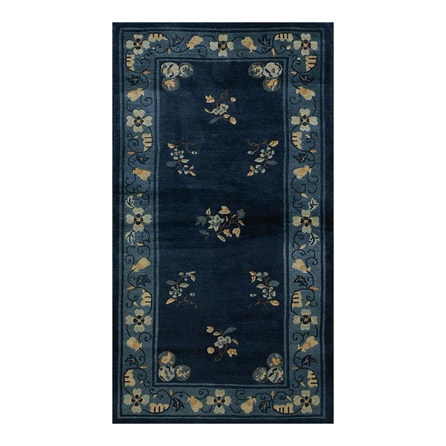1920s Navy Blue Floral Oriental Antique Chinese Peking Small Rug 3' X 5' 10'' For Sale