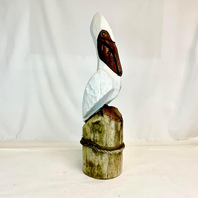 American Vintage Coastal Folk Art Hand-Carved Pelican Sculpture From a Wooden Pier Post. For Sale - Image 3 of 13
