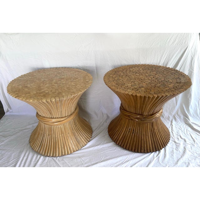 1970s Mid-Century Modern McGuire Round Wheat Bamboo Sheaf Base Side or Accent Tables - Two Available For Sale - Image 5 of 9