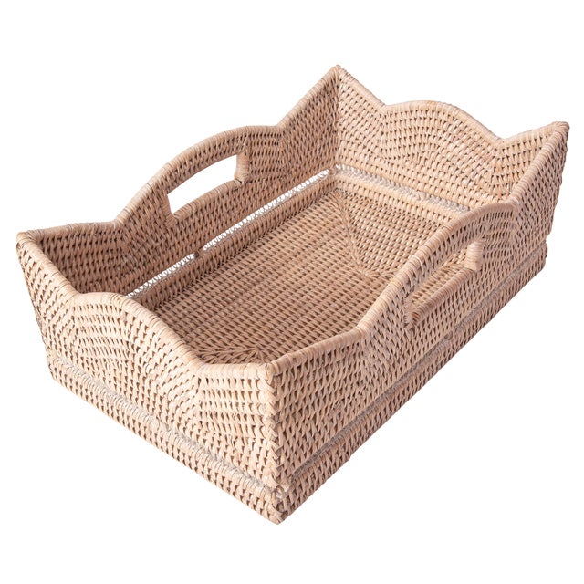 Wood Artifacts Rattan Rectangular Scalloped Shelf Basket - White Wash For Sale - Image 7 of 7