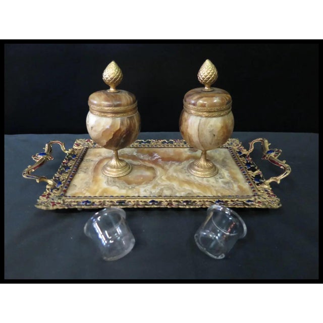 Metal Late 19th century Vintage Marble, Bronze & Enamel Double Inkwell - Set of 3 For Sale - Image 7 of 10