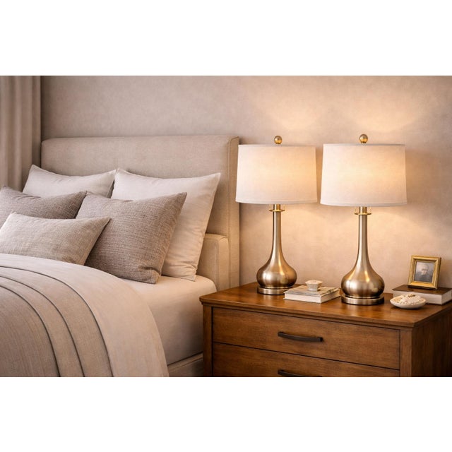 Mid 20th Century Sculptural Neoclassical Brushed Nickel Table Lamps With Linen Shades - a Pair For Sale In Los Angeles - Image 6 of 7