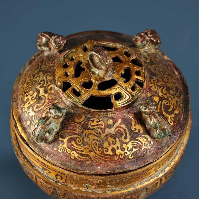 Bronze Vintage Chinese Bronze Stemmed Censer, Intricate Gold Inlaid Pattern, Archaic Style Incense Burner For Sale - Image 8 of 10