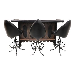 Daystrom Wood & Leather Gothic Style Bar With Three Barstools For Sale