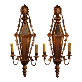 Pair of 19th Century French Louis XVI Giltwood Mirrored Two-Light Sconces For Sale