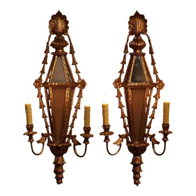 Pair of 19th Century French Louis XVI Giltwood Mirrored Two-Light Sconces For Sale