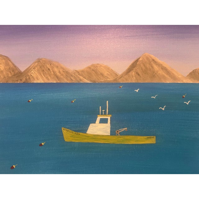 American Folk Art Nautical Landscape Seascape, Lobster Boat, Painted on Canvas, Signed, Dated For Sale - Image 3 of 5