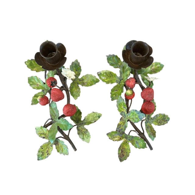 Vintage Italian Hand Painted Tole Strawberry Candle Holders / Botanical Floral Candlesticks, a Pair For Sale In Dallas - Image 6 of 9