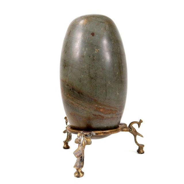 Antique Indian Shiva Lingam Fertility Stone on Cast Brass Tripod Stand For Sale - Image 3 of 10