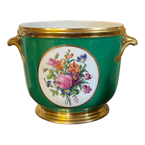 Antique 19th Century Paris Porcelain Cachepot Planter With Hand Painted Flower Bouquets on Apple Green Ground