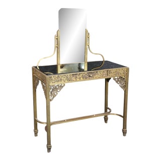 Edgar Brandt Style Art Deco French Floral Bronze Vanity Table with Mirror For Sale
