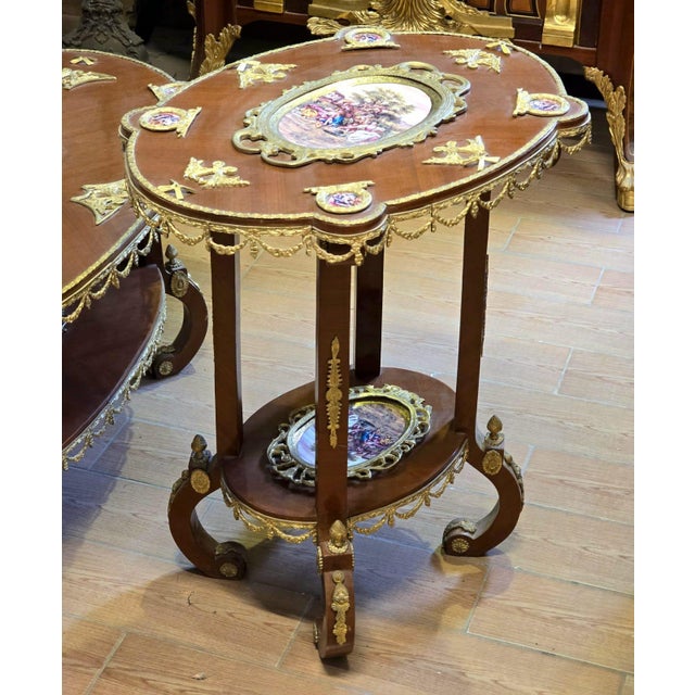 Rococo Rococo Revival Two-Tier Side Table With Floral Inlays & Hand-Gilded Gold Leaf Details For Sale - Image 3 of 3