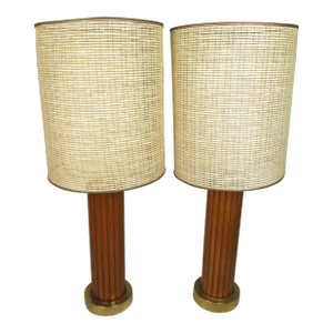 Pair of Mid 20th Century Gruvwood Table Lamps Double Fiberglas Rattan Shades