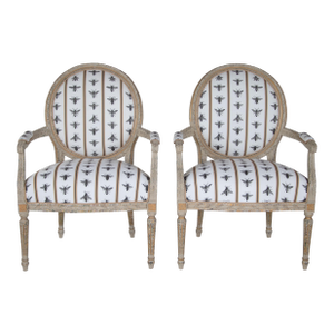 Vintage Oval Back Chairs Featuring Bee & Wasp Upholstery- Set of 2