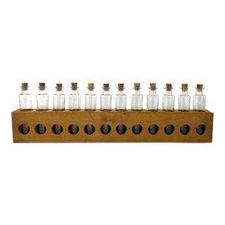 Mid 20th Century Primitive Rustic Handmade Wood Spice Rack With Glass Bottles, Wall Mount For Sale