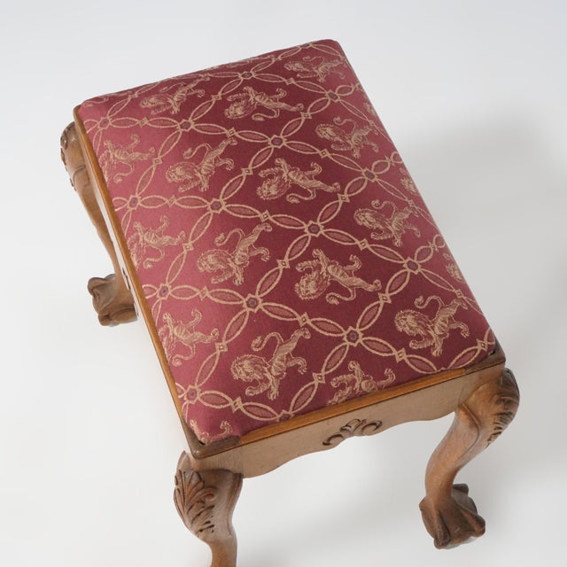 Wood Chippendale Style Carved Oak Claw & Ball Foot Upholstered Bench 20th Century For Sale - Image 7 of 8