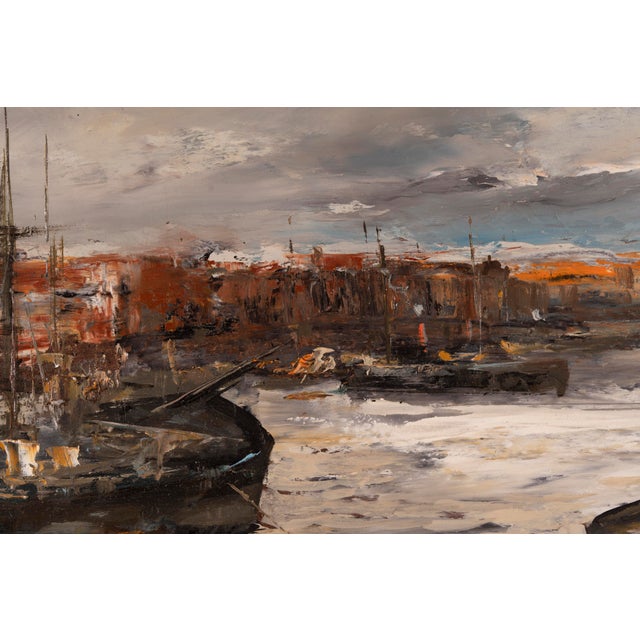1930s Ezelino Briante, Harbor with Moored Boats at Sunset, Oil on Panel For Sale - Image 5 of 15
