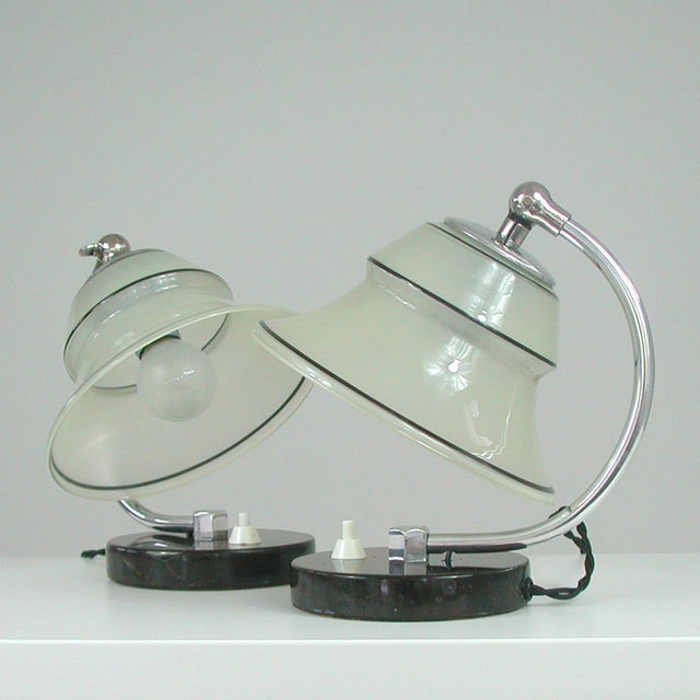 German Art Deco Enameled Satin Glass, Marble and Aluminum Table Lamps, 1930s, Set of 2 For Sale - Image 8 of 18