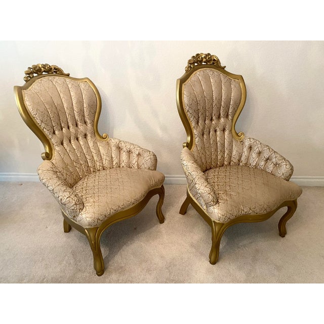 Late 20th Century Victorian Style Kimball Style Tufted Gold Upholstered Pair of Parlor Chairs Vintage For Sale - Image 5 of 10