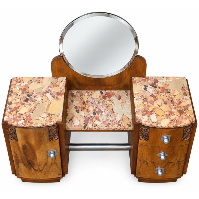 Art Deco Walnut Dressing Table Set with Marble Top and Bedside Table, 1930s, Set of 2 For Sale - Image 3 of 15