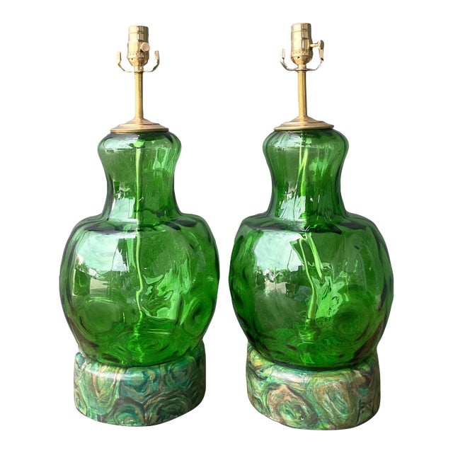 Vintage Hand Painted Malachite Plinth Glass Lamps - A Pair For Sale