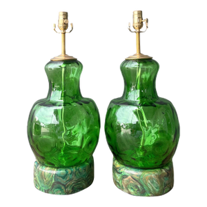 Vintage Hand Painted Malachite Plinth Glass Lamps - A Pair