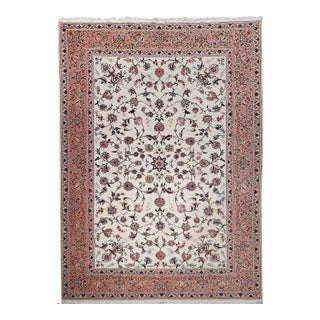 Vintage Persian Tabriz Rug, Hand-Knotted Wool & Silk, Allover Floral Pattern, Ivory & Pale Red, 7x10 For Sale
