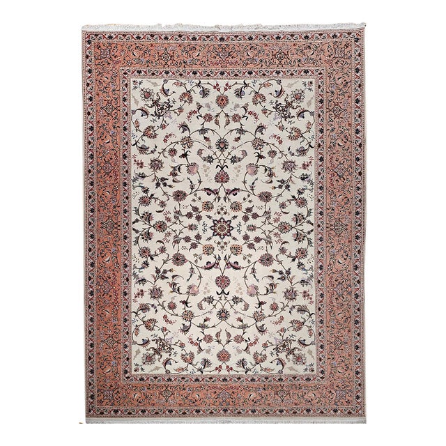 Vintage Persian Tabriz Rug, Hand-Knotted Wool & Silk, Allover Floral Pattern, Ivory & Pale Red, 7x10 For Sale